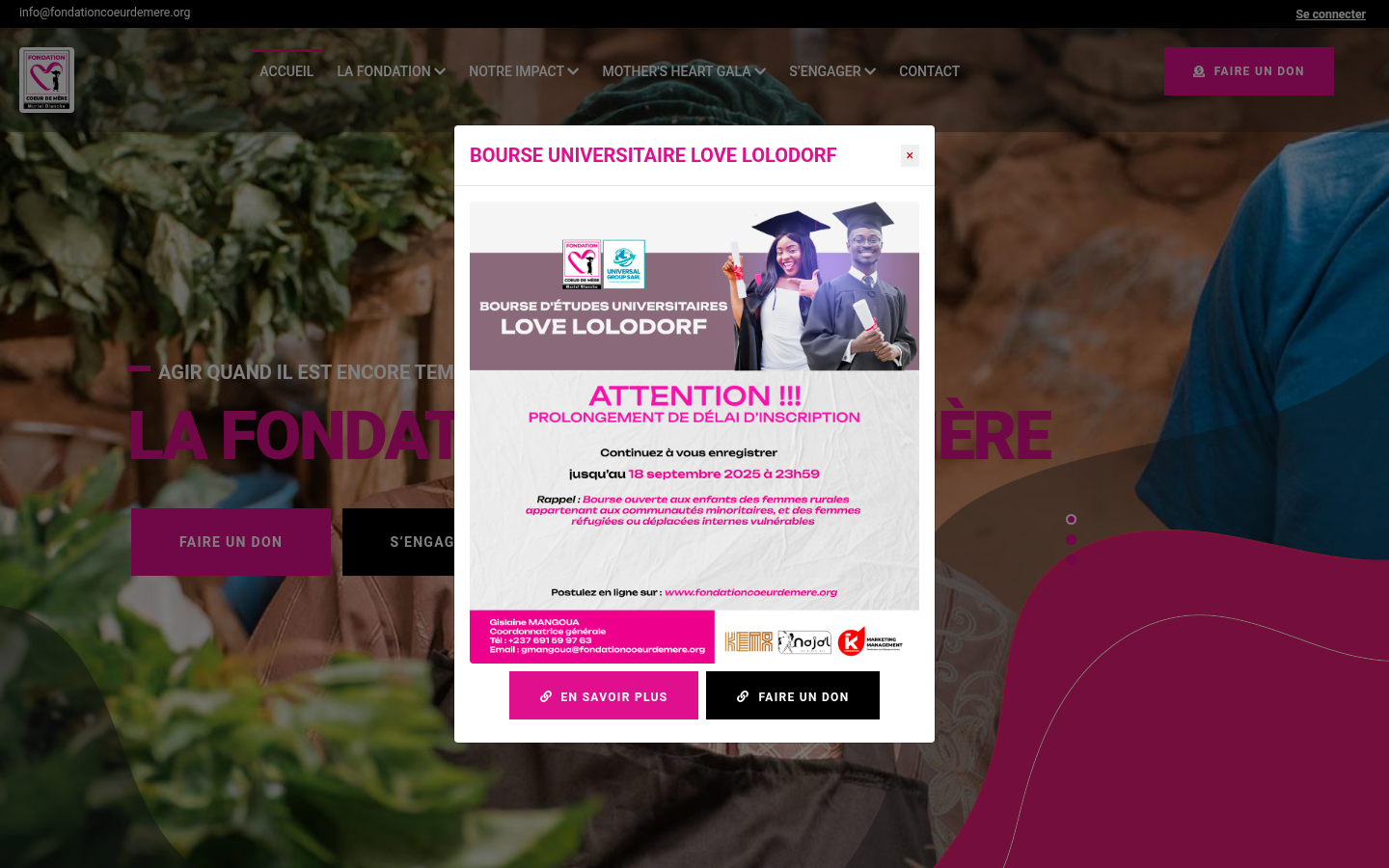 Live preview of Fondation Coeur de Mère website